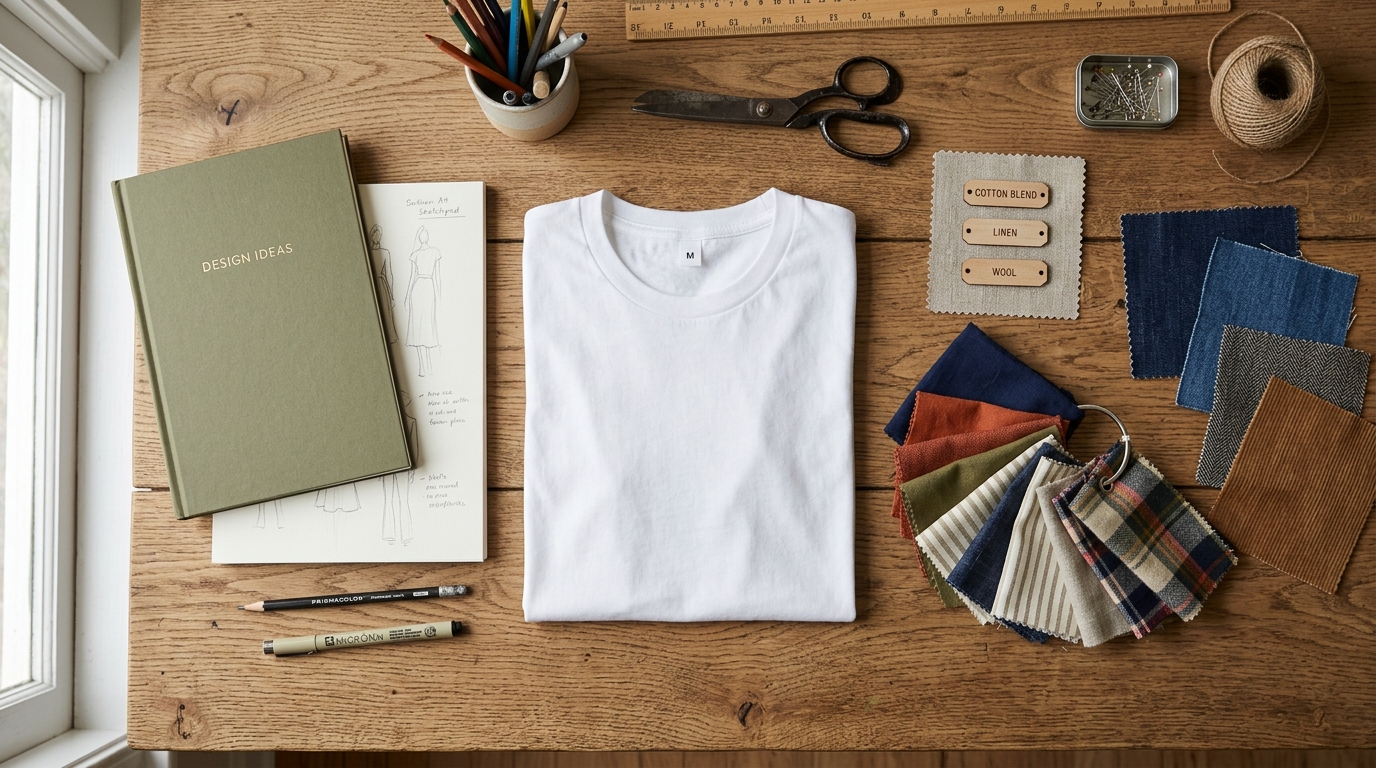 How to Start Your Own Custom T-Shirt Brand from Scratch Creative flat lay with t-shirt and sketchpad