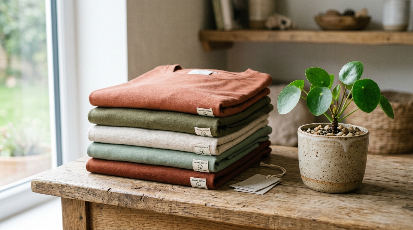 Sustainable Fashion: Why Eco-Friendly T-Shirts Are the Future Sustainable folded t-shirts next to a plant