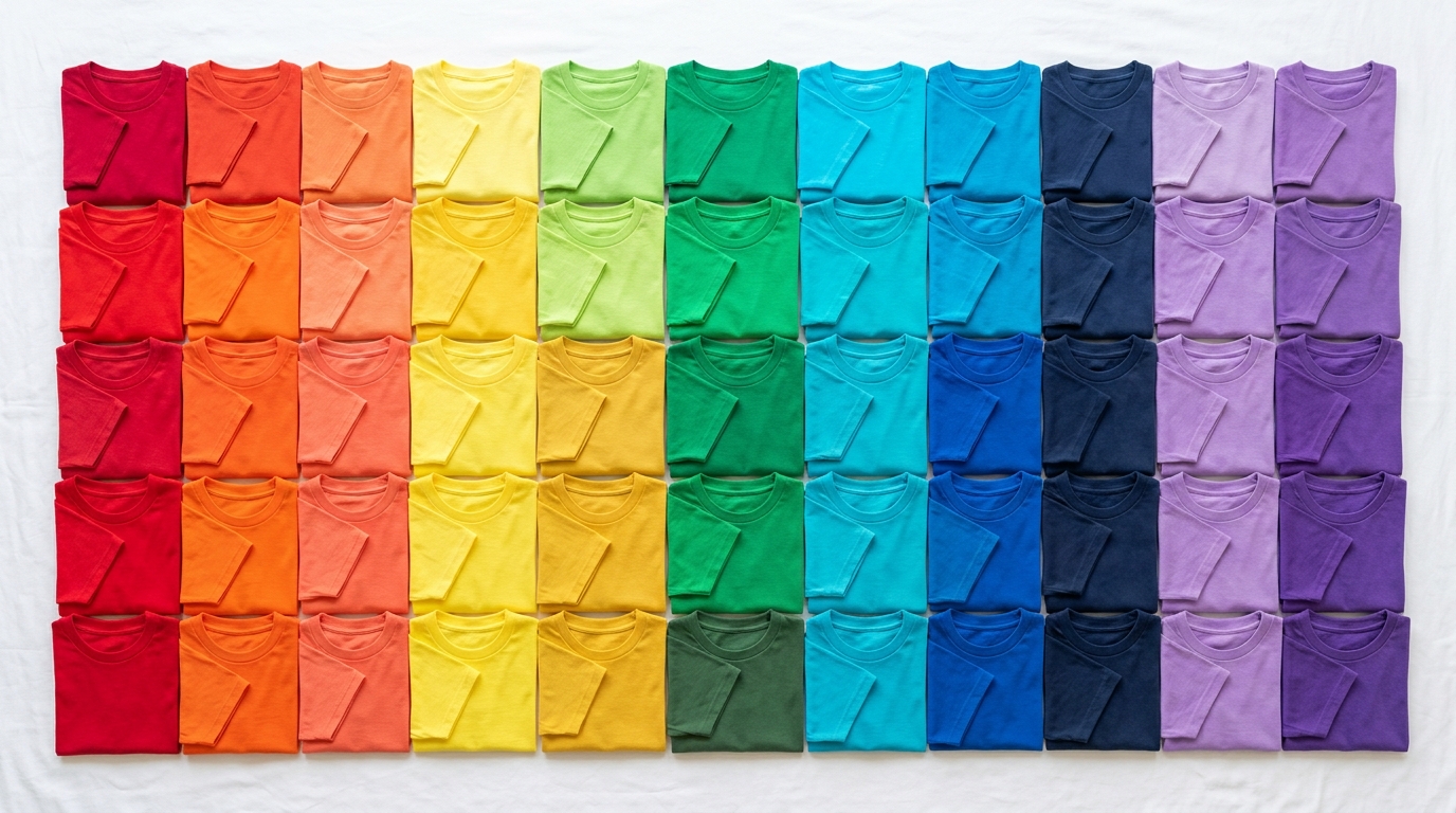 The Importance of Color Psychology in T-Shirt Design Colorful array of t-shirts in a rainbow gradient