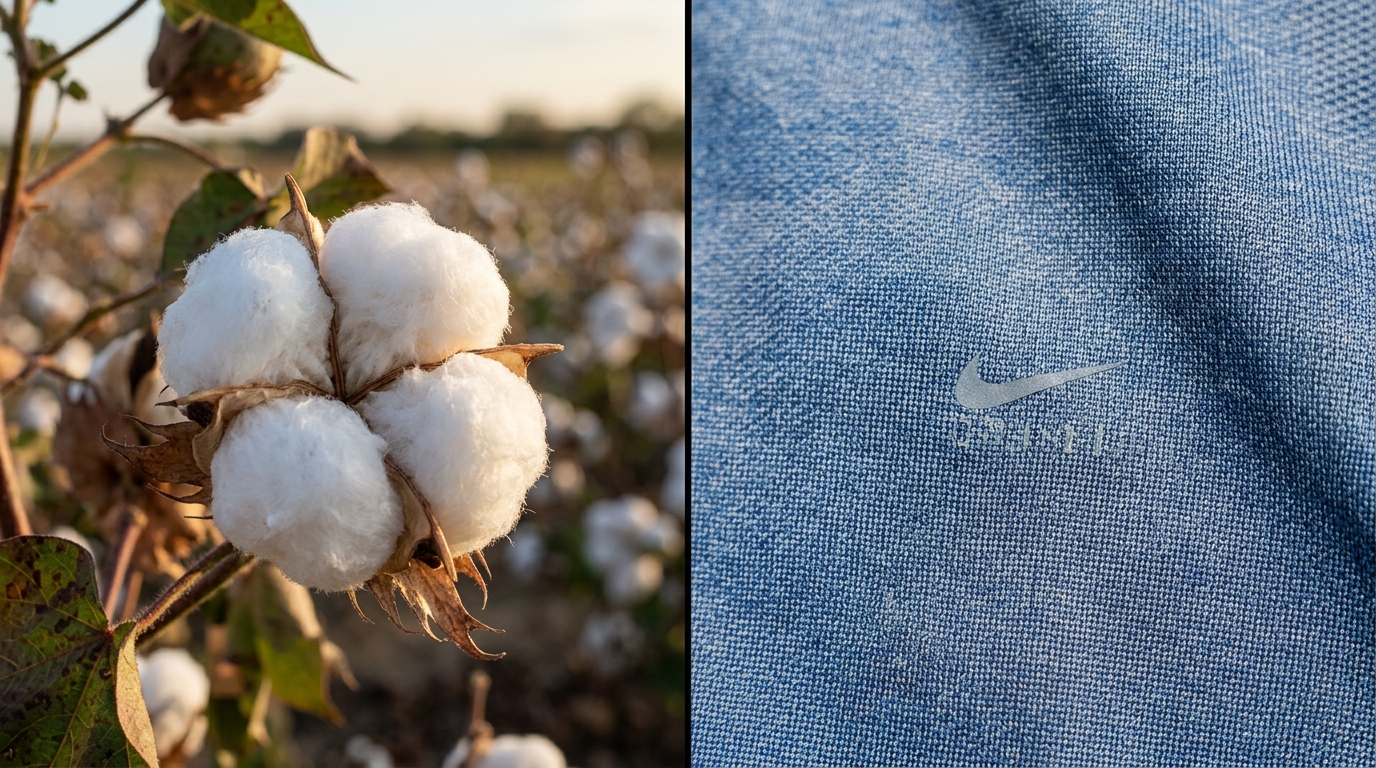 Cotton vs. Polyester: Which Fabric Is Best for Custom T-Shirts? Split screen of natural cotton and modern polyester